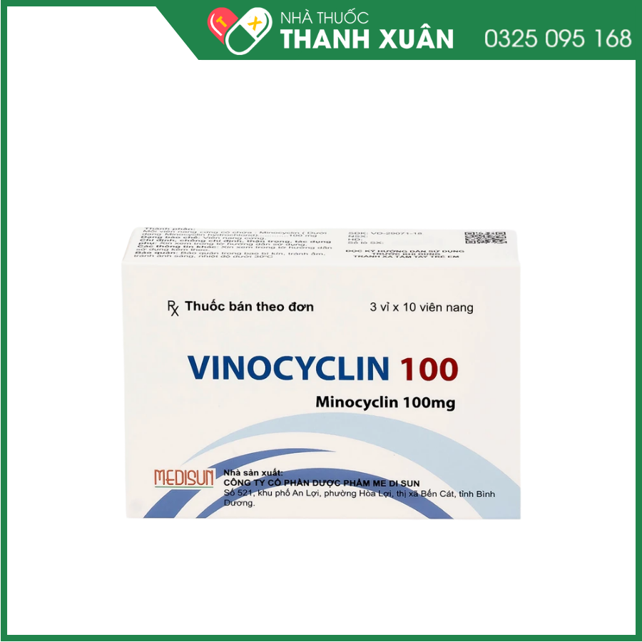 Thuốc Vinocyclin 100 Medisun điều trị mụn trứng cá, nhiễm trùng đường hô hấp